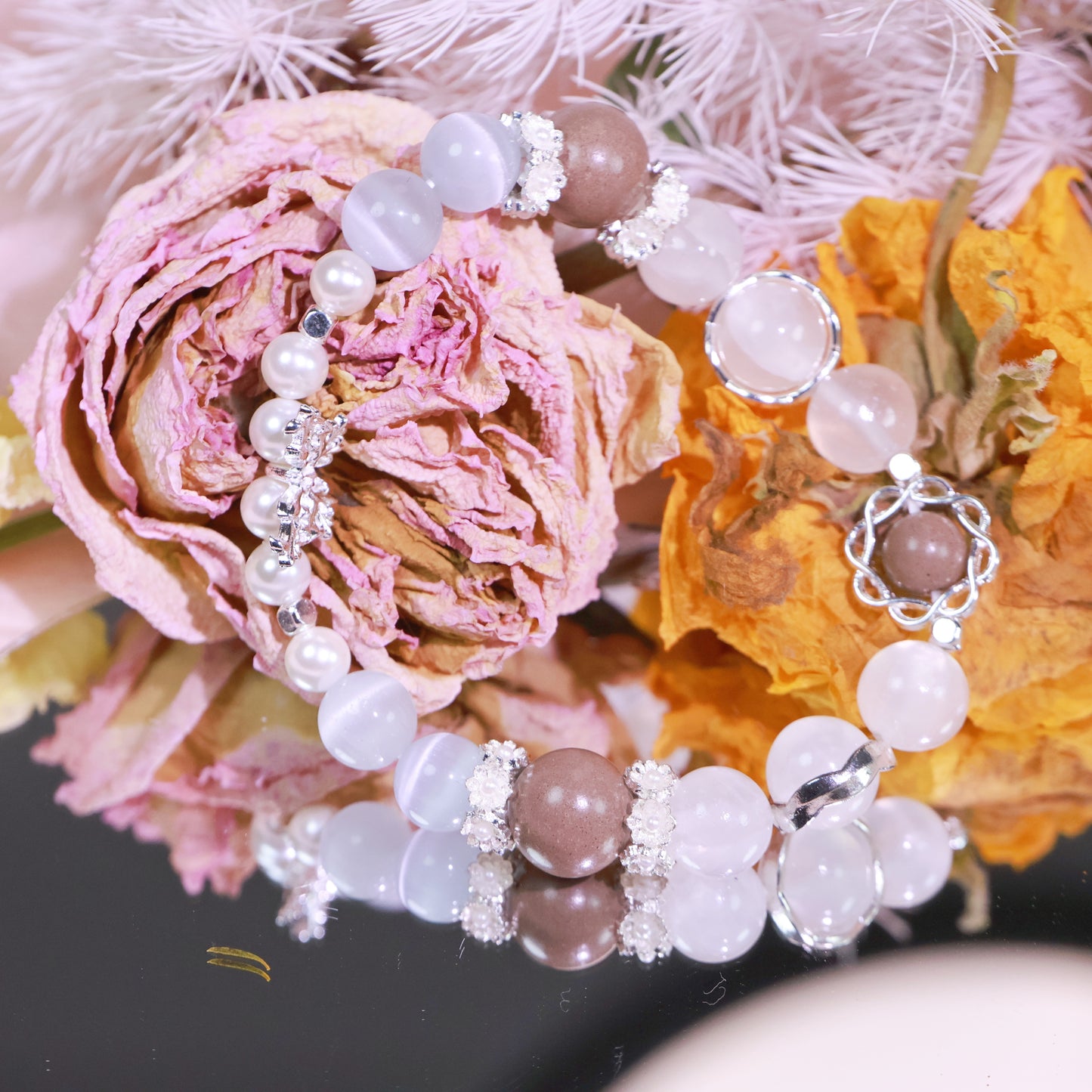 Clear Quartz Pearl Bracelet&Herbal Incense Beads:Ambergris Agarwood