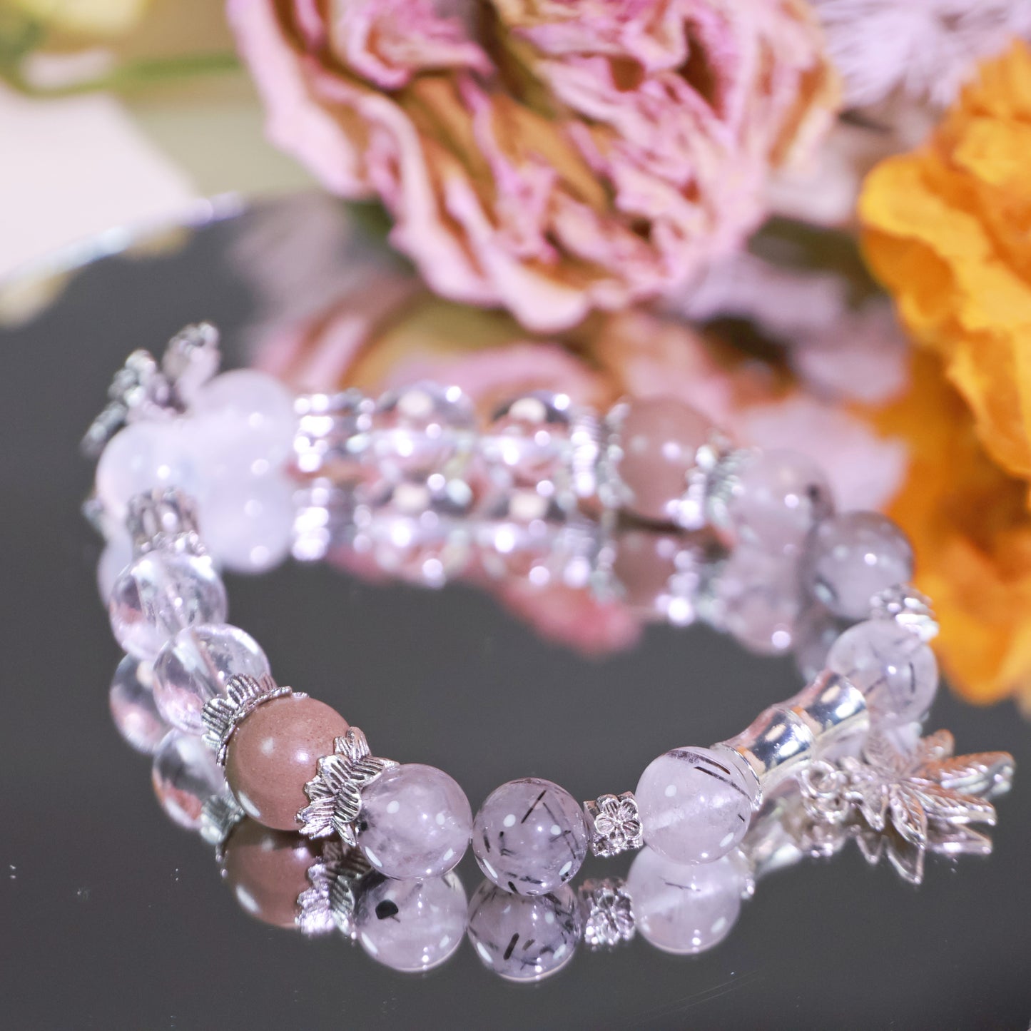 Clear Quartz Black Rutilated Bracelet&Herbal Incense Beads:Ambergris Agarwood